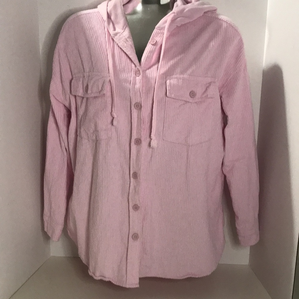 Pink Hooded Button-Up Women's Top